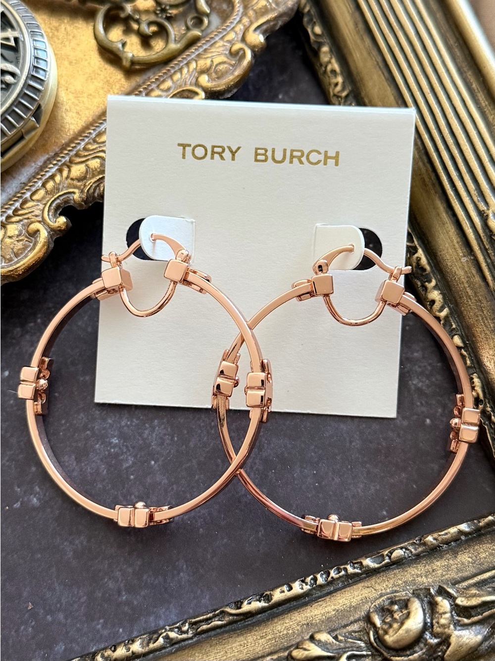 TORY BURCH • Rose Gold Serif T Logo Hoop Earrings - Picture 11 of 11